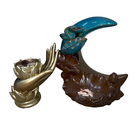 2 incense burners Koi fish moon and gold hand leaf hippie flawed - Picture 1 of 9